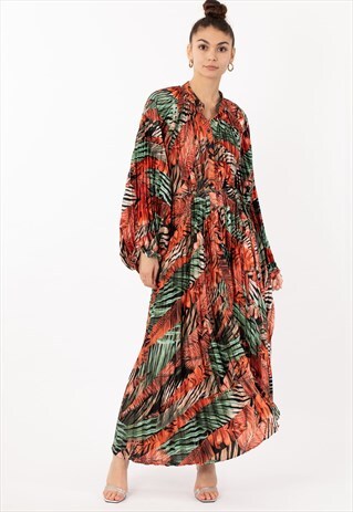RED GREEN LEAVES SCARF PRINT FULL PLEATED LONG SHIRT DRESS