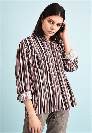 Y2K STRIPED PRINT CORDUROY MOMS SHIRT TOP