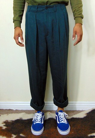80S 90S MINIMALIST HIGH RISE PLEATED GREEN TROUSERS 34