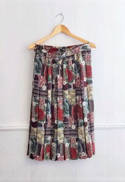 Vintage Scarf Print Pleated Midi Skirt