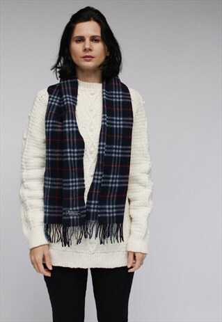 VINTAGE LAMBSWOOL-CASHMERE CHECKED SCARF NAVY-AS30