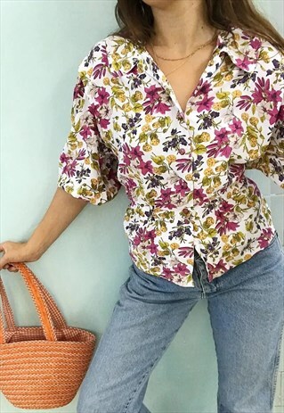 VINTAGE 80S COUNTRYSIDE PARISIAN CHIC FLORAL BLOUSE TOP