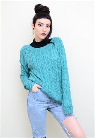 VINTAGE 90'S GRUNGE TURQUOISE SPECKLED KNITTED SLOUCH JUMPER