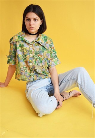70'S RETRO MOD BOHO FESTIVAL ABSTRACT PATTERN CROP TOP SHIRT