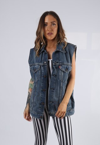 VINTAGE DENIM WAISTCOAT JACKET OVERSIZED FITTED UK 16 (AD1Z)