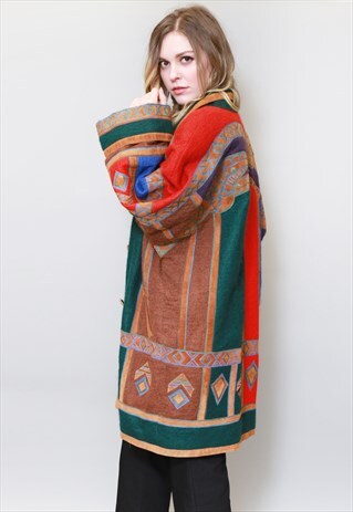 VINTAGE 1980'S MULTI COLOURED PATTERNED LONG CARDIGAN