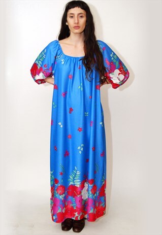 VINTAGE LOUNGE CAFTAN DRESS 70S FLORAL BOHO HIPPY MOD GOWN