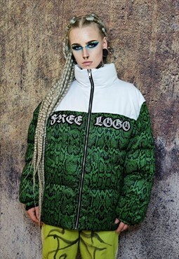 Snake print bomber python puffer jacket in green white