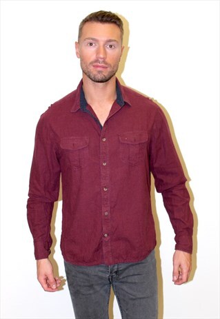 90'S VINTAGE FITTED BURGUNDY SOFT FITTED MENS CASUAL SHIRT
