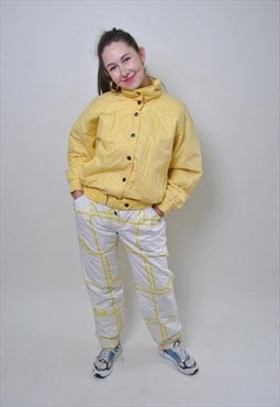 Vintage one piece yellow ski suit, retro pattern snow suit