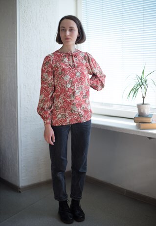 VINTAGE 70'S RED FLOWER PATTERNED LONG SLEEVED BLOUSE