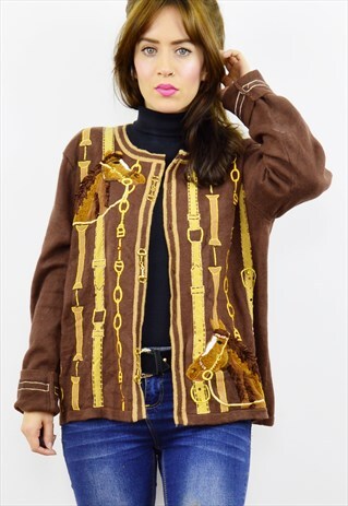 VINTAGE 90S BROWN EMBROIDERED EQUESTRIAN CARDIGAN
