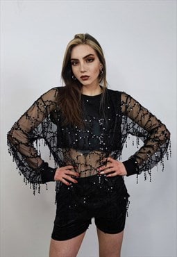 Transparent sequin top embellished sheer mesh sweatshirt