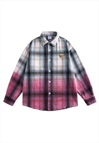 Gradient check shirt pink plaid gradient long sleeve blouse