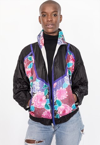80S VINTAGE PURPLE SPORTS PRINT BOMBER JACKET
