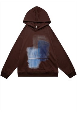 Abstract print hoodie space pullover raver top in blue brown