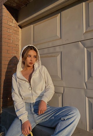 WHITE CROPPED ZIP HOODIE