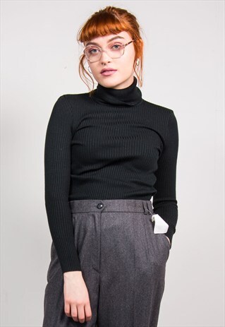 VINTAGE 90'S RIBBED BLACK TURTLE NECK KNIT TOP JUMPER