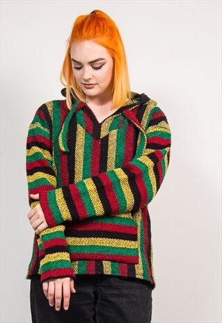VINTAGE 90'S GRUNGE STYLE RASTA STRIPE FESTIVAL BAJA HOODIE