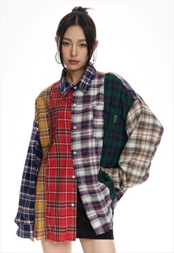 Stitched check shirt long sleeve plaid blouse reworked top