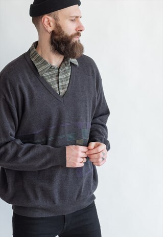 VINTAGE 80S PURPLE DEEP V-NECK JUMPER