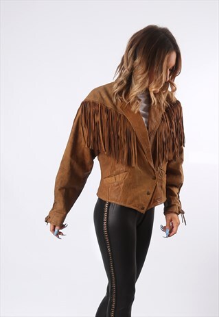 TASSEL FRINGE JACKET SUEDE BOHEMIAN 90'S UK 12 (E9B)
