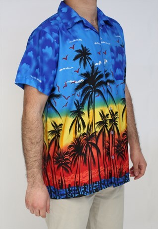 HAWAIIAN STYLE PALM TREE PRINT SHIRTS-BLUE