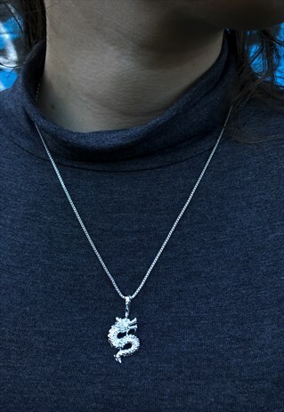 925 STERLING SILVER DRAGON PENDANT NECKLACE CHAIN- SILVER