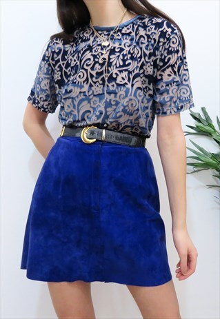 VINTAGE 80S DARK BLUE VELVET FLORAL SHEER BLOUSE.