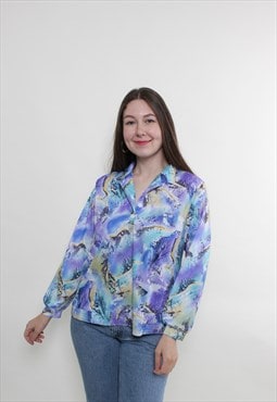 Vintage 80s purple blouse, abstract button up blouse