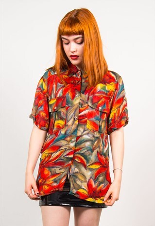 VINTAGE 90'S RED FLORAL SHORT SLEEVE SHIRT