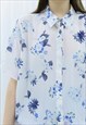 90S VINTAGE WHITE & BLUE FLORAL SHIRT BLOUSE