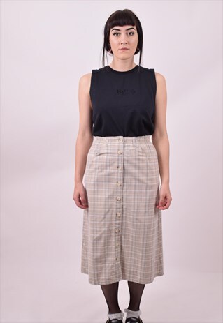 VINTAGE 90'S BEIGE GINGHAM CHECKED GRANNY SKIRT SIZE 10 12