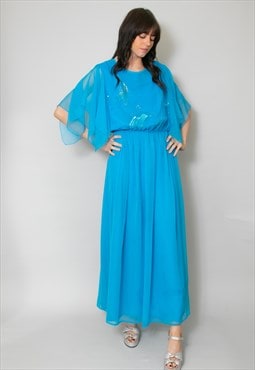 70's Blue Vintage Ladies Midi Maxi Angle Sleeve Sheer Dress