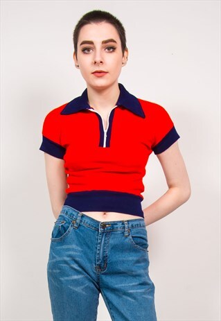 VINTAGE 70'S RED & NAVY BLUE QUARTER ZIP TOP