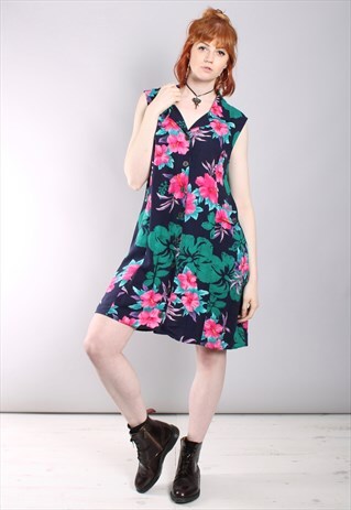 VINTAGE 90S HAWAIIAN FLORAL BUTTON SLEEVELESS SHIRT DRESS
