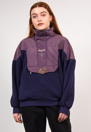 VINTAGE 90'S FLEECE JUMPER NAVY BLUE QUILTED QUARTER BUTTON