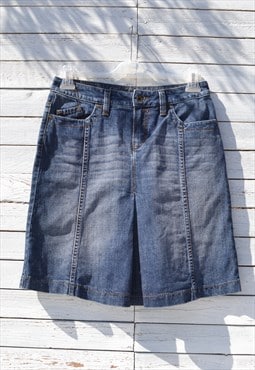 Vintage blue pleated midi stretch denim skirt