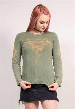 90'S VINTAGE GREEN LONG SLEEVE HARLEY DAVIDSON TOP T-SHIRT