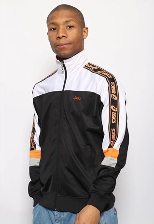 VINTAGE ASICS TAPE LOGO TRACK JACKET BLACK WHITE ORANGE