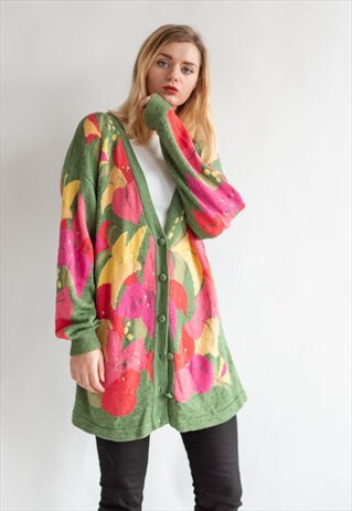 VINTAGE 80S LONG GRAMMAS CARDIGAN IN FLOWER PATTERN