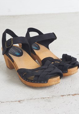Vintage Black MOHEDA Leather Wood Sandals Clogs