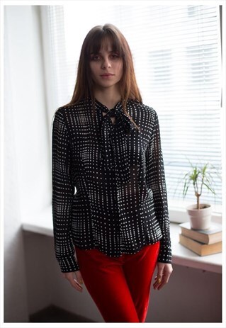 VINTAGE 70'S BLACK GEOMETRIC SHAPES PRINT BOW BLOUSE