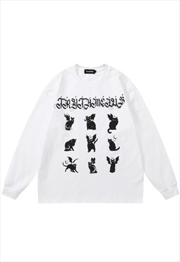 Goth cat long sleeve t-shirt grunge animal print top white