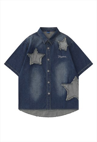 Denim shirt short sleeve retro patch jean top in dark blue 