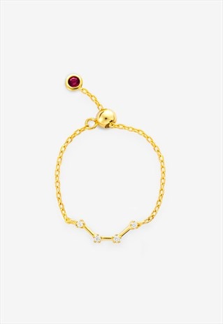 Gold Aquarius Zodiac Chain Ring With Birthstone - Adjustable