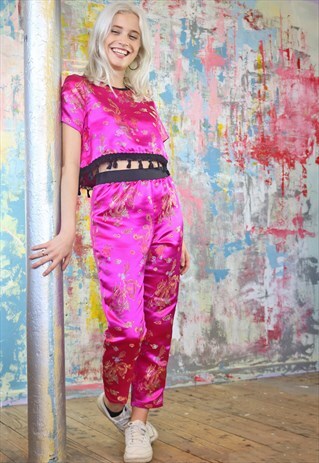 CROP TROUSERS & TOP CO-ORDINATES IN PINK DRAGON TASSELS