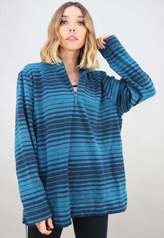 VINTAGE RETRO 1/4 ZIP BLUE STRIPE FLEECE TOP