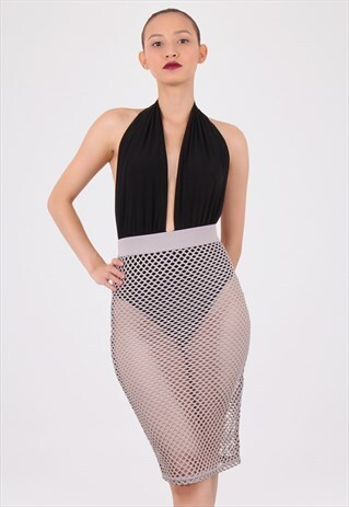 GREY NET STRETCH MIDI BODYCON PENCIL SKIRT