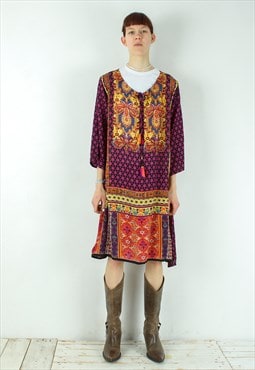 Midi Caftan Dress Colourful Pattern Tunic 3/4 Sleeve Shimmer